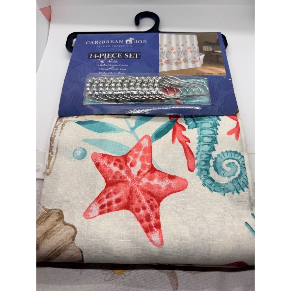 Caribbean Joe 14pc Shower Curtain Set Seahorse Shore Starfish Liner Metal Rings